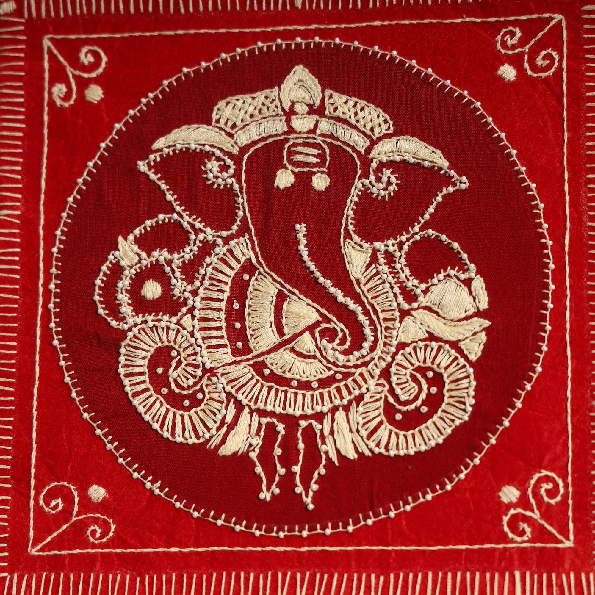 Ganesha - Aipan Art Hand Embroidered Wall Hanging