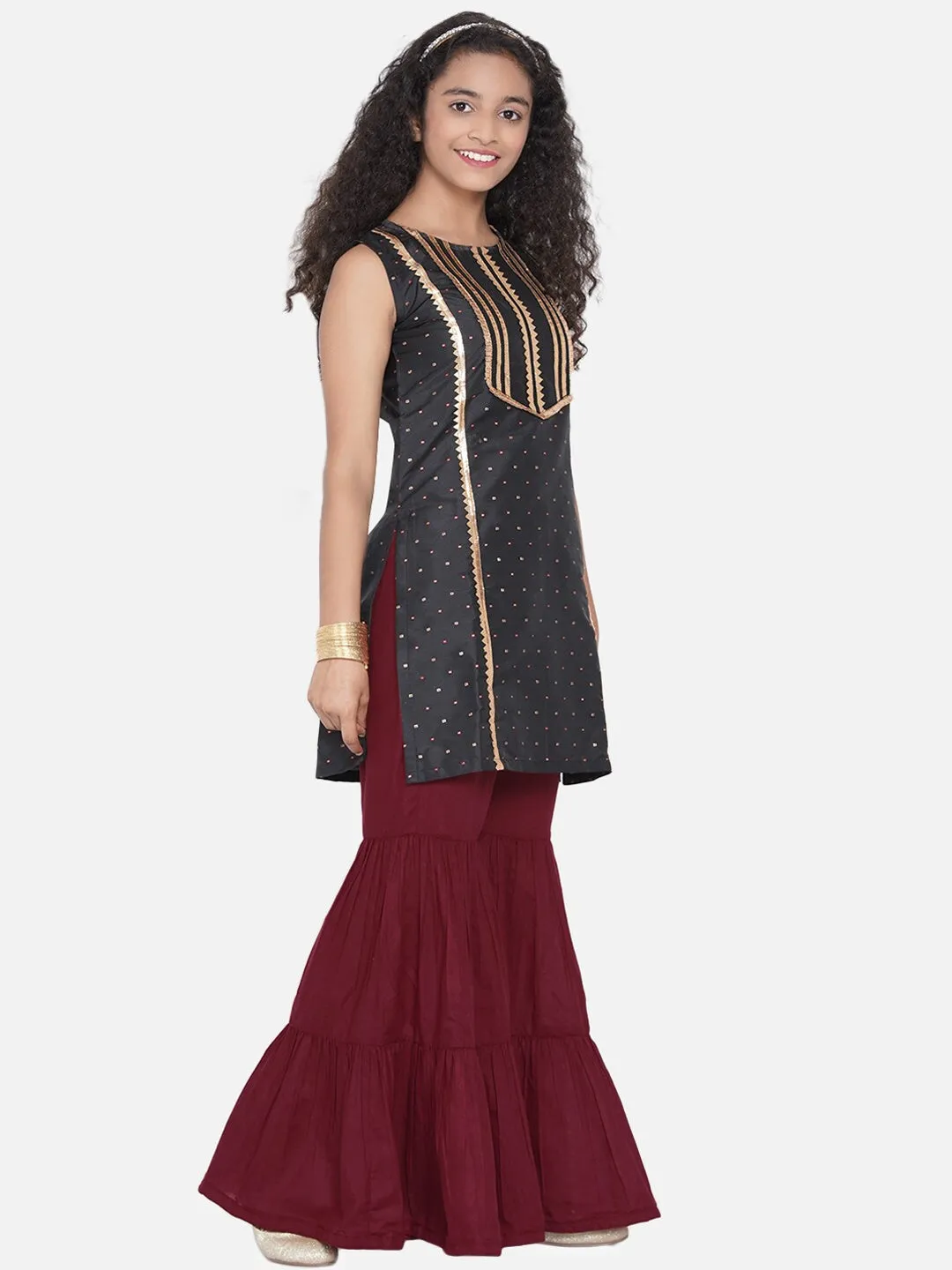Girls Black Printed Regular Gotta Patti Kurta With Sharara