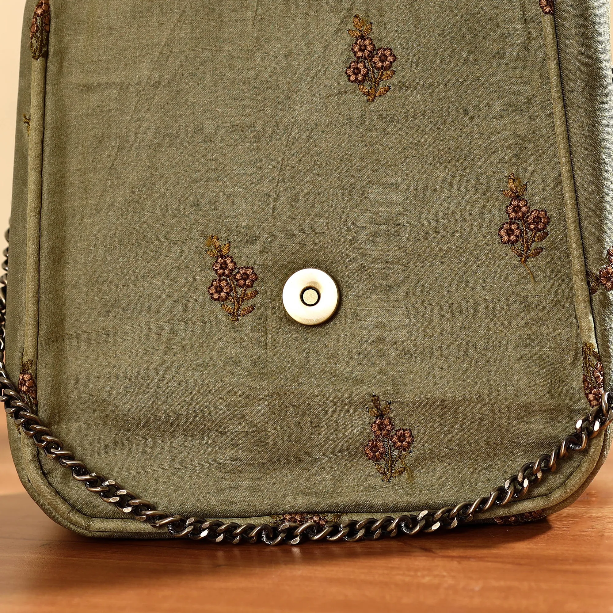Green - Fabric Embellished Embroidered Party Hand Bag