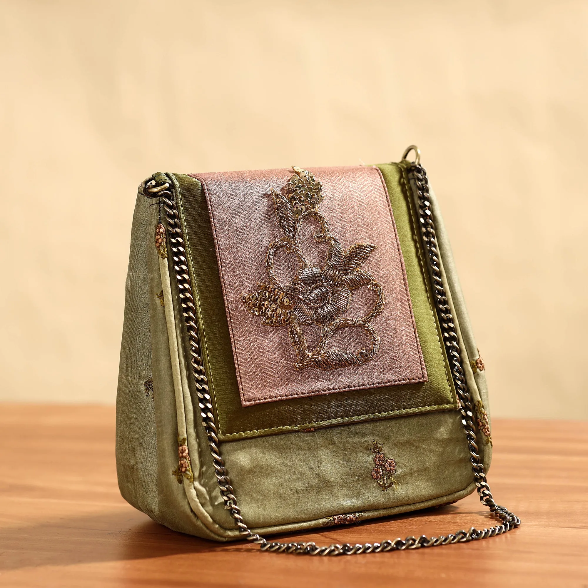 Green - Fabric Embellished Embroidered Party Hand Bag