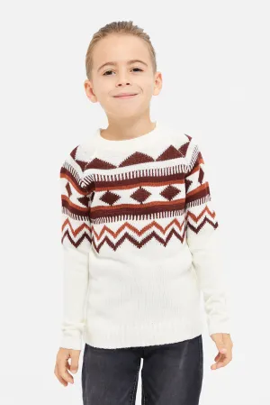 Junior Boys Beige Printed Pull Over Knitwear