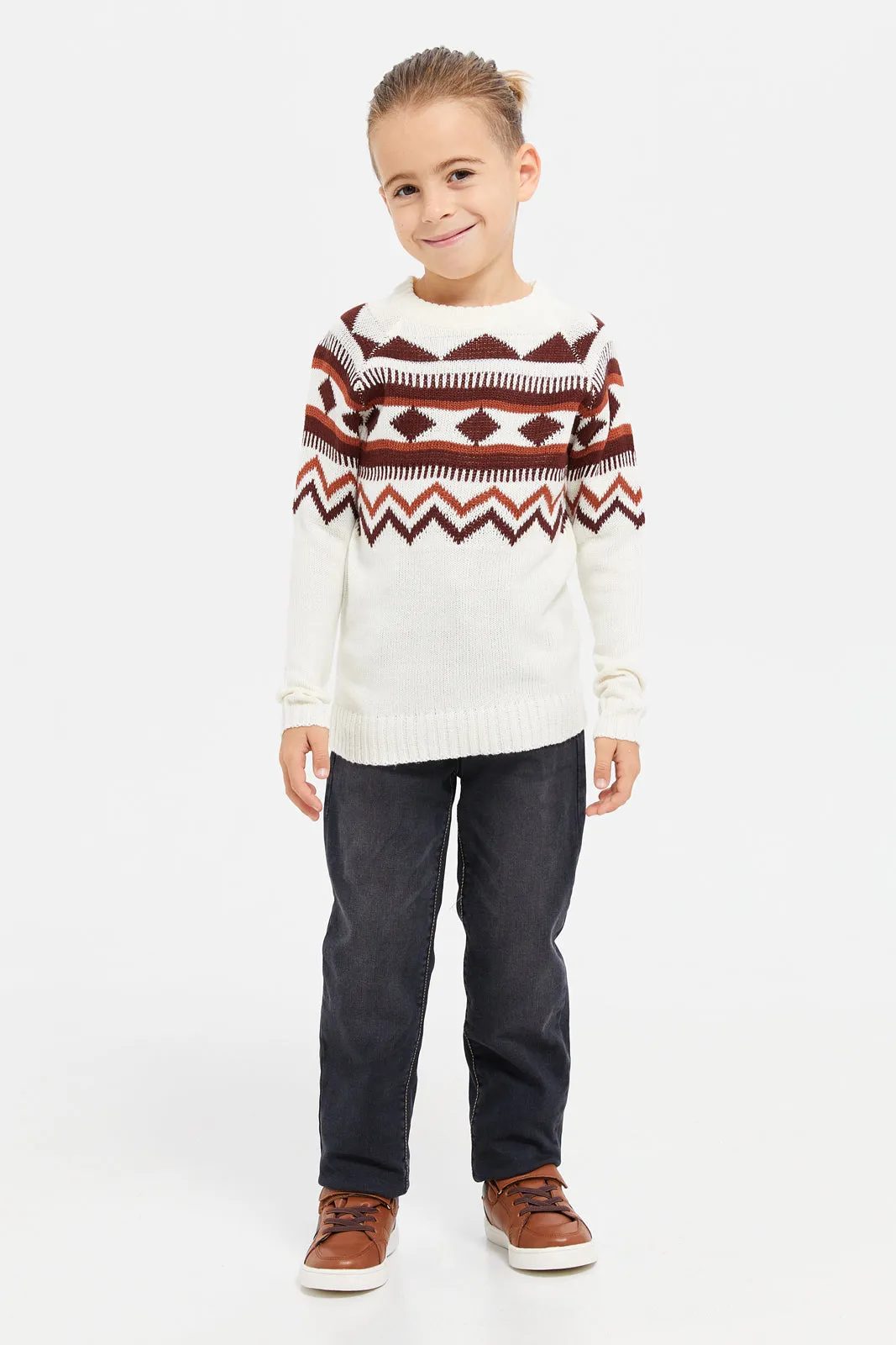 Junior Boys Beige Printed Pull Over Knitwear