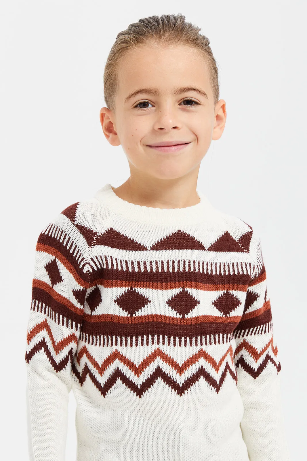Junior Boys Beige Printed Pull Over Knitwear