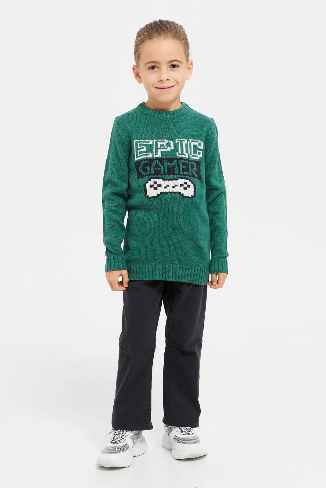 Junior Boys Green Printed Pull Over Knitwear
