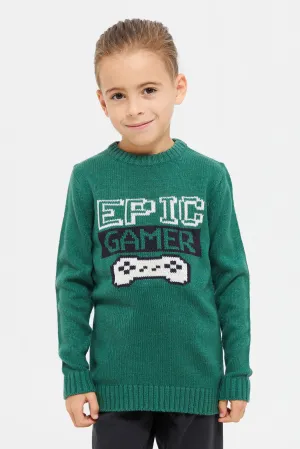 Junior Boys Green Printed Pull Over Knitwear