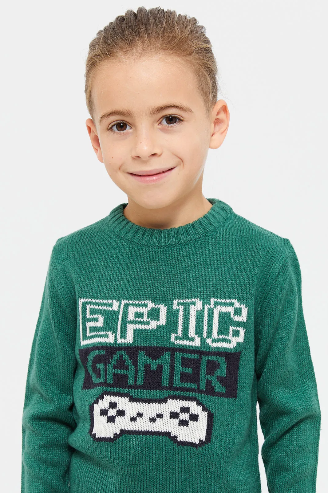 Junior Boys Green Printed Pull Over Knitwear