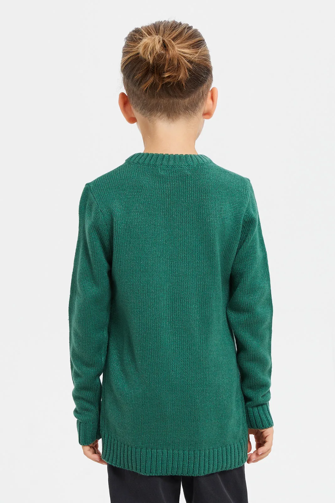 Junior Boys Green Printed Pull Over Knitwear