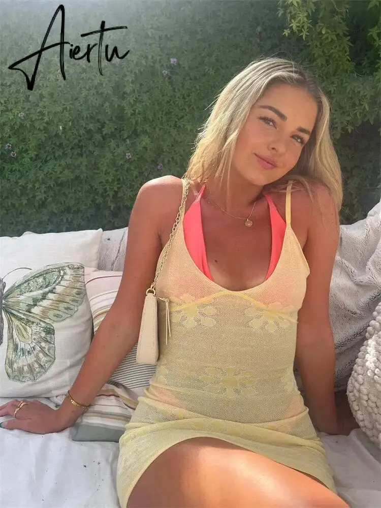 Knit For Women Printed Y2k Dress Slim Backless Fashion Holiday Beach Outfits See-Through Knitwear Summer Female Mini Dress