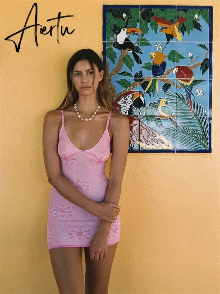 Knit For Women Printed Y2k Dress Slim Backless Fashion Holiday Beach Outfits See-Through Knitwear Summer Female Mini Dress