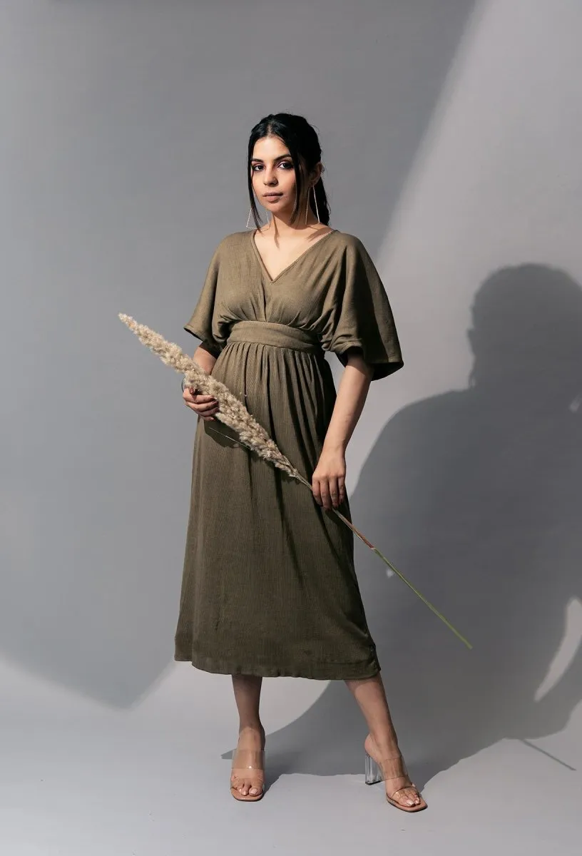 Manuela Dress | Cotton Eco-Printed Kaftaan Style Dress (Olive green)