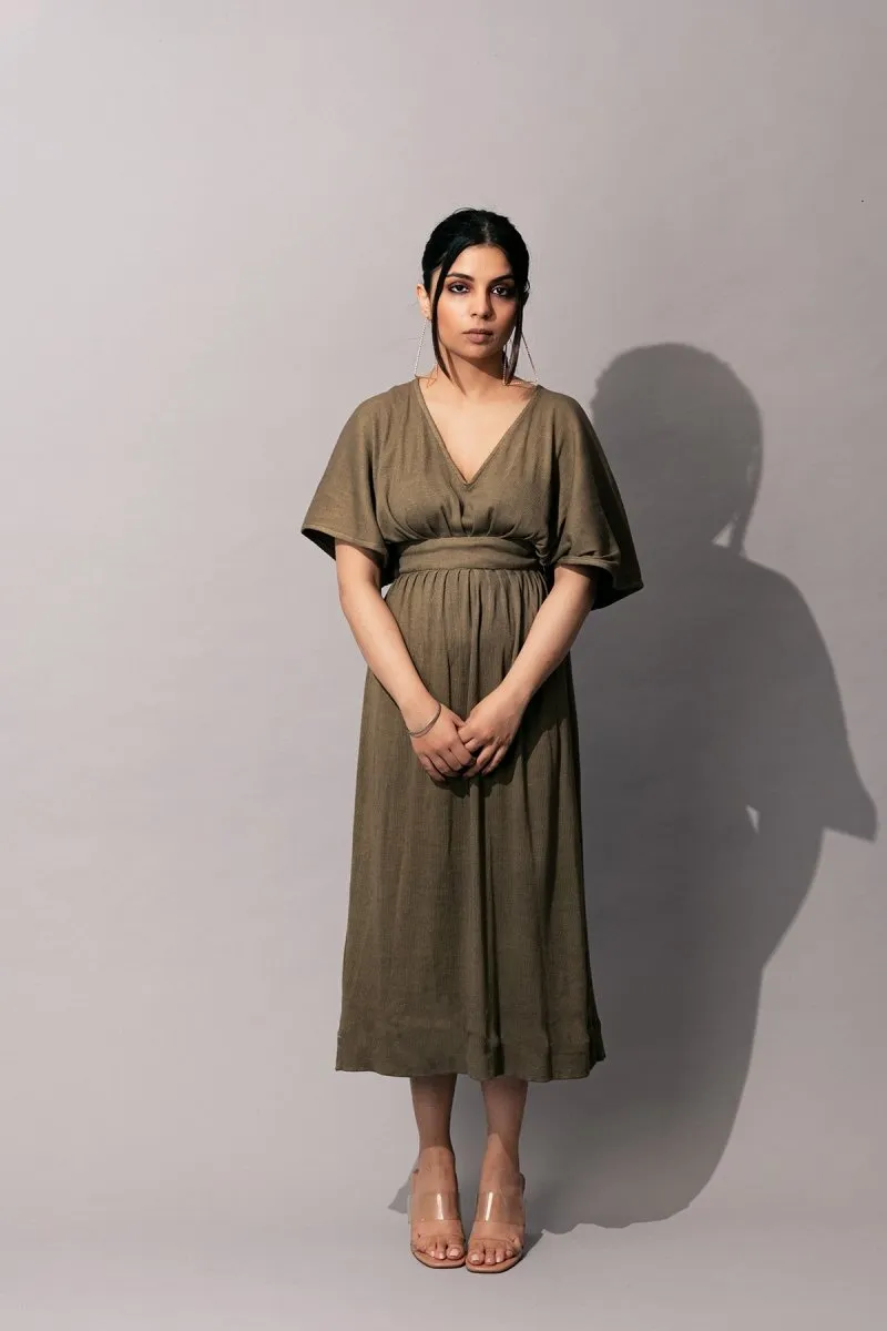 Manuela Dress | Cotton Eco-Printed Kaftaan Style Dress (Olive green)