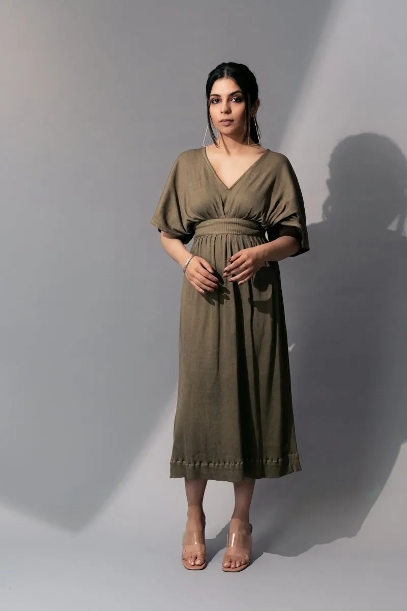 Manuela Dress | Cotton Eco-Printed Kaftaan Style Dress (Olive green)