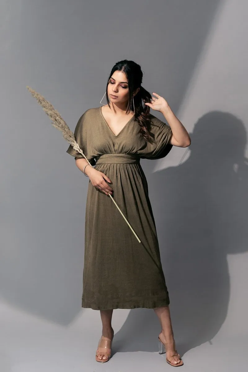 Manuela Dress | Cotton Eco-Printed Kaftaan Style Dress (Olive green)