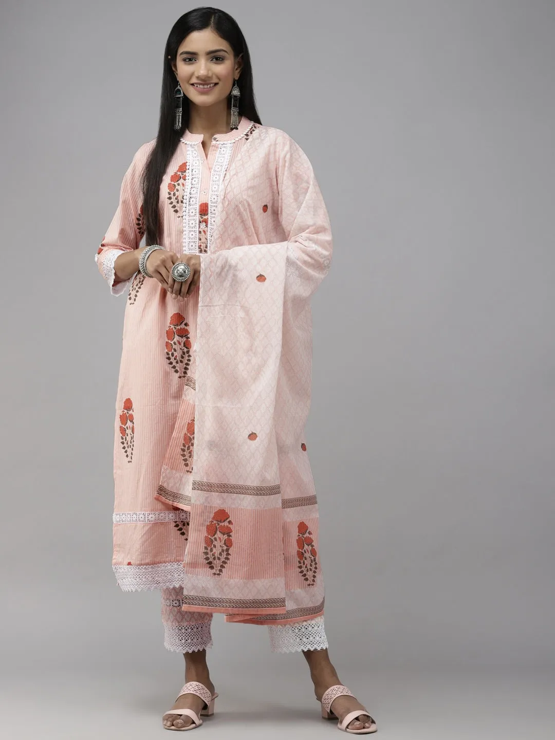 Peach Floral Printed Dupatta Set