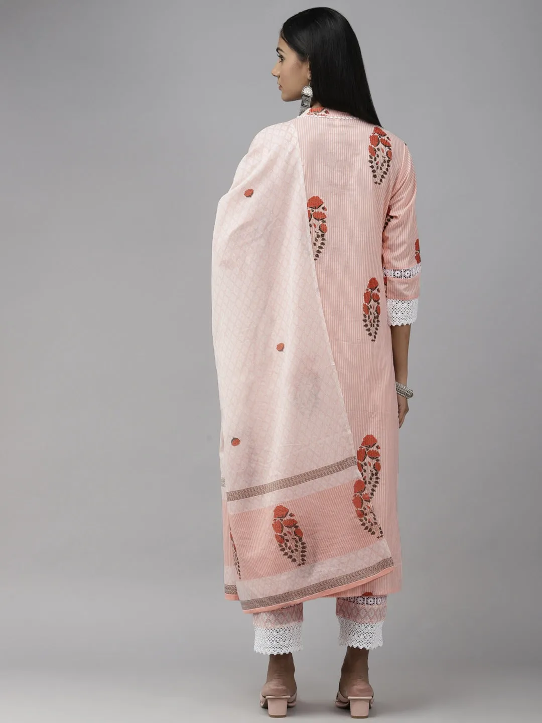 Peach Floral Printed Dupatta Set
