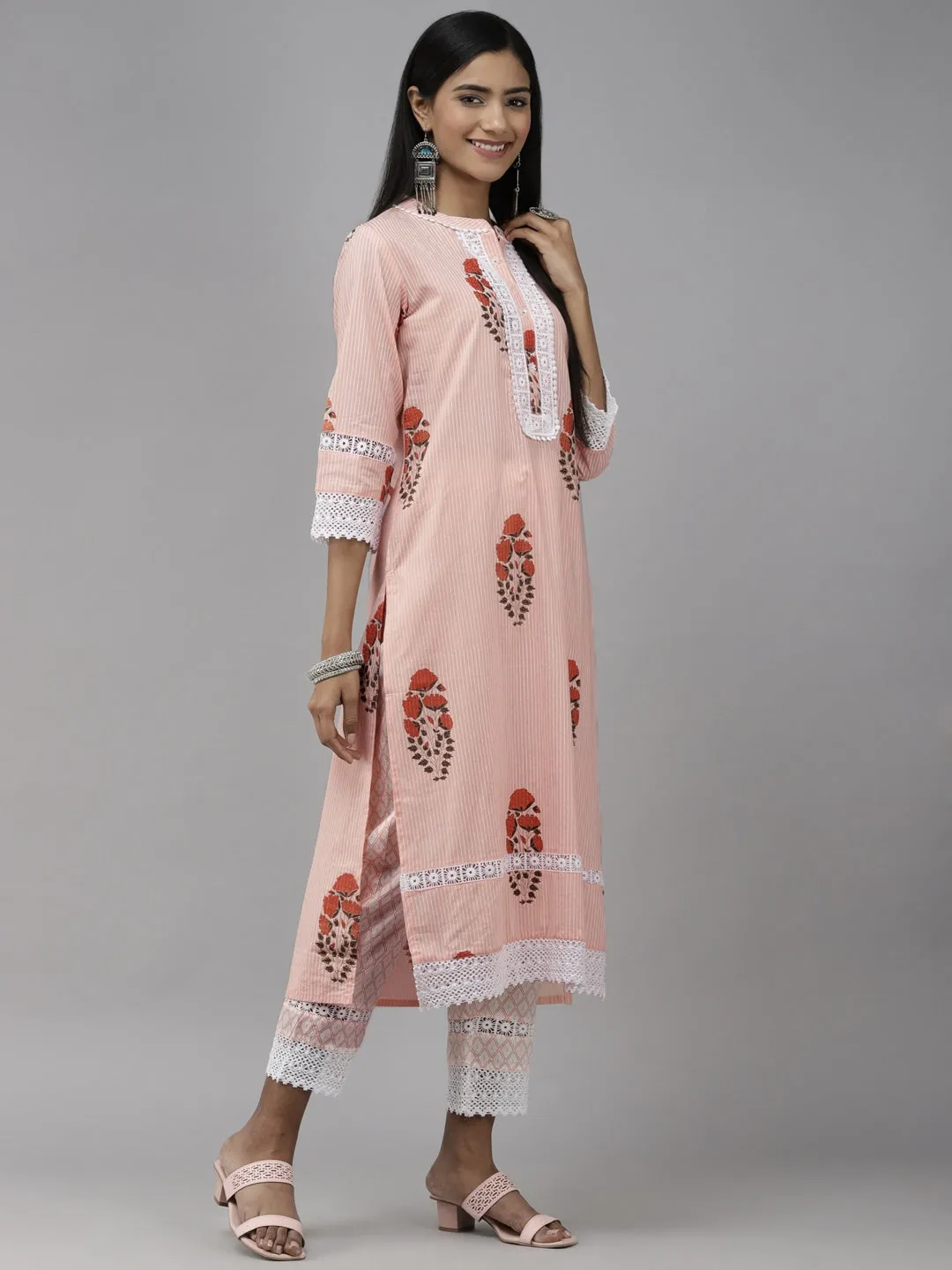 Peach Floral Printed Dupatta Set