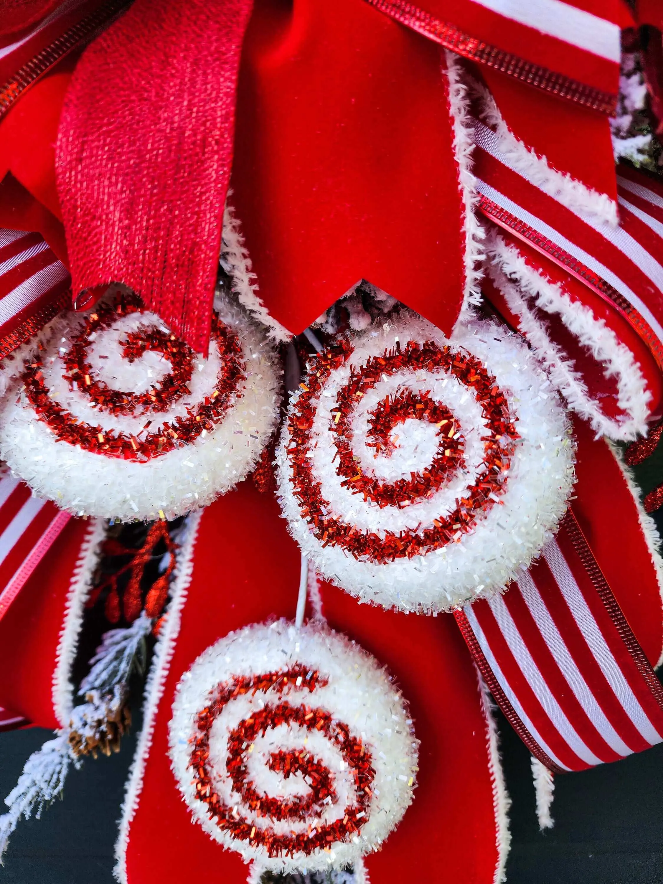 Peppermint Christmas Wreath for Front Door, Holiday Wreaths, Red and White, Whimsical Winter Fox, Hot Cocoa Mugs, Candy Swirls, Door Swag