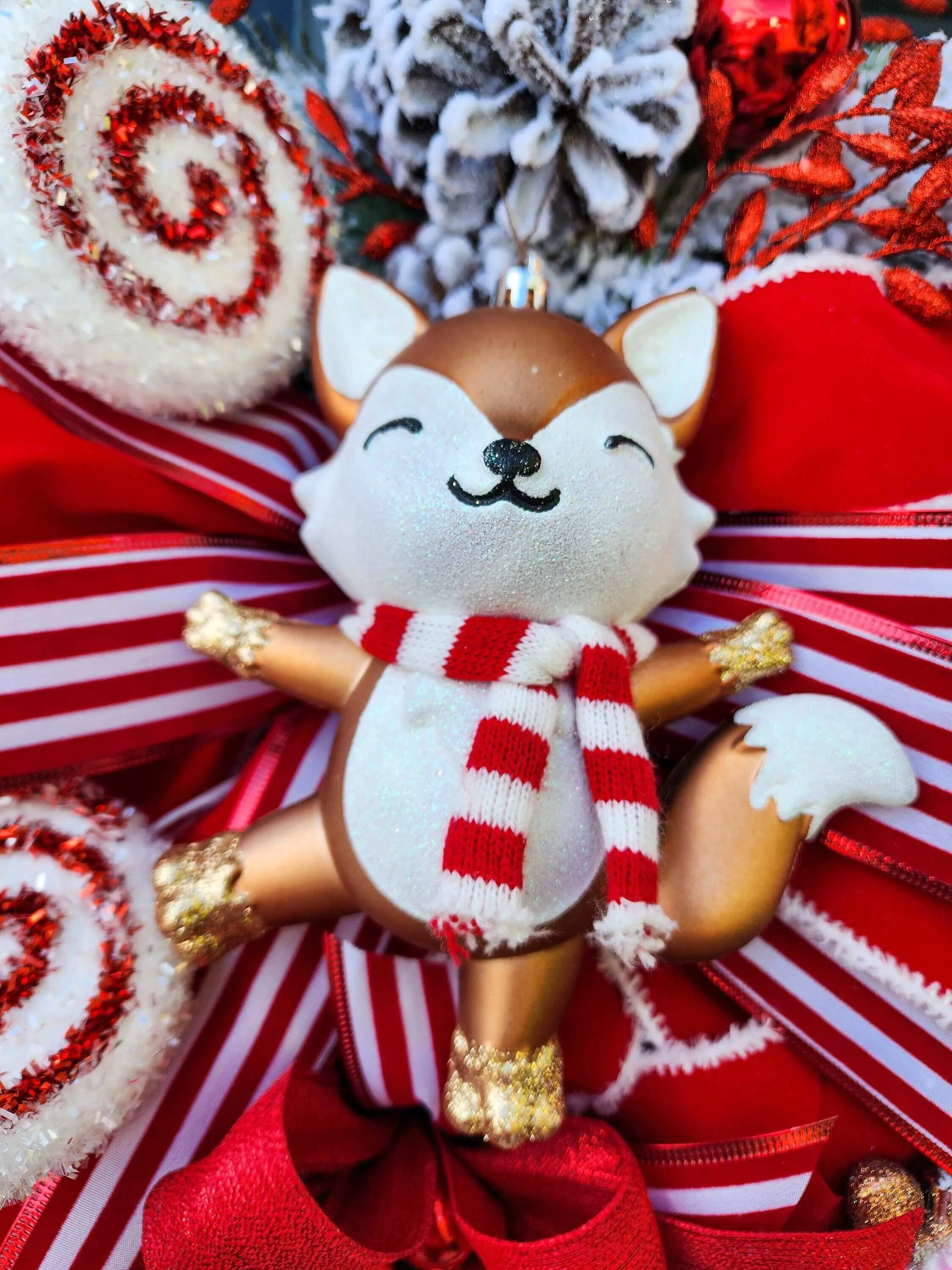 Peppermint Christmas Wreath for Front Door, Holiday Wreaths, Red and White, Whimsical Winter Fox, Hot Cocoa Mugs, Candy Swirls, Door Swag