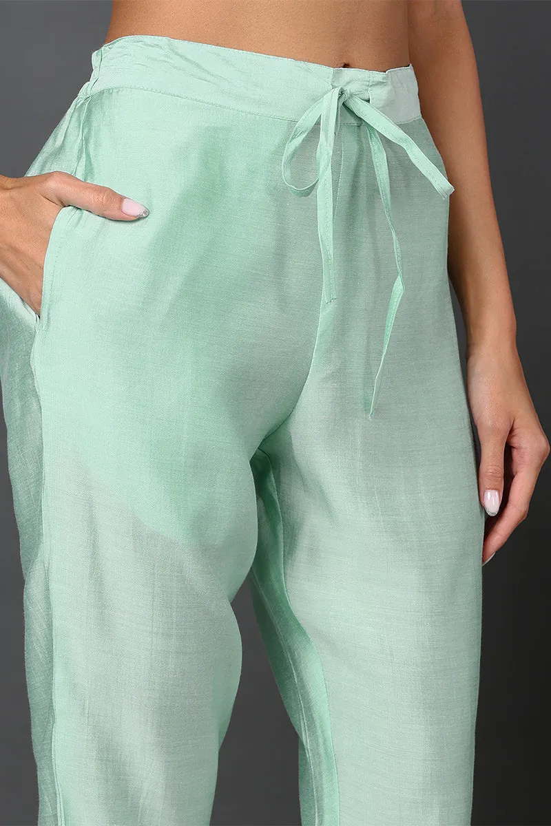Plus Size Green Silk Blend Solid Embroidered Straight Style Suit Set