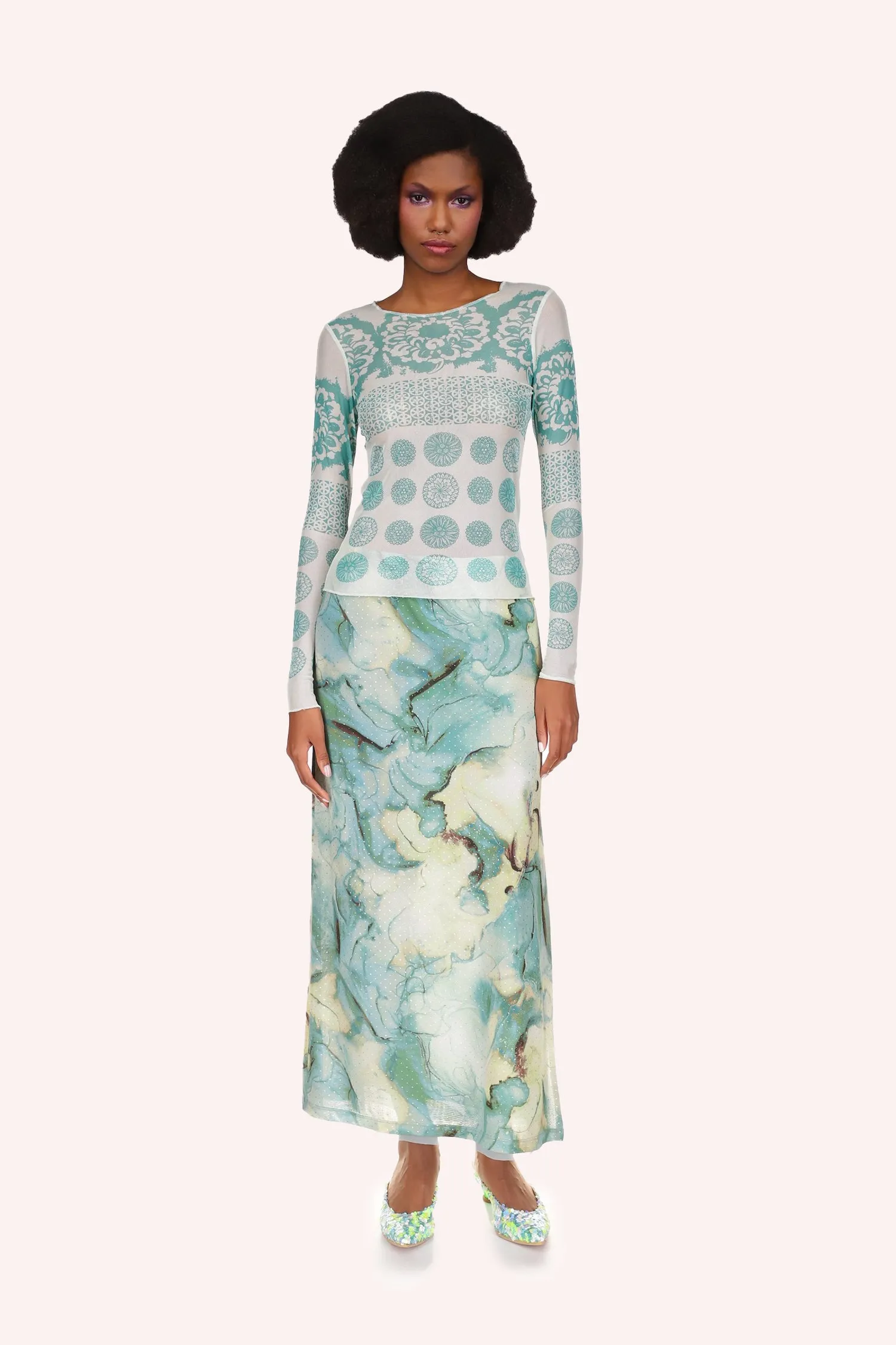 Printed Chrysanthemum Mesh Top