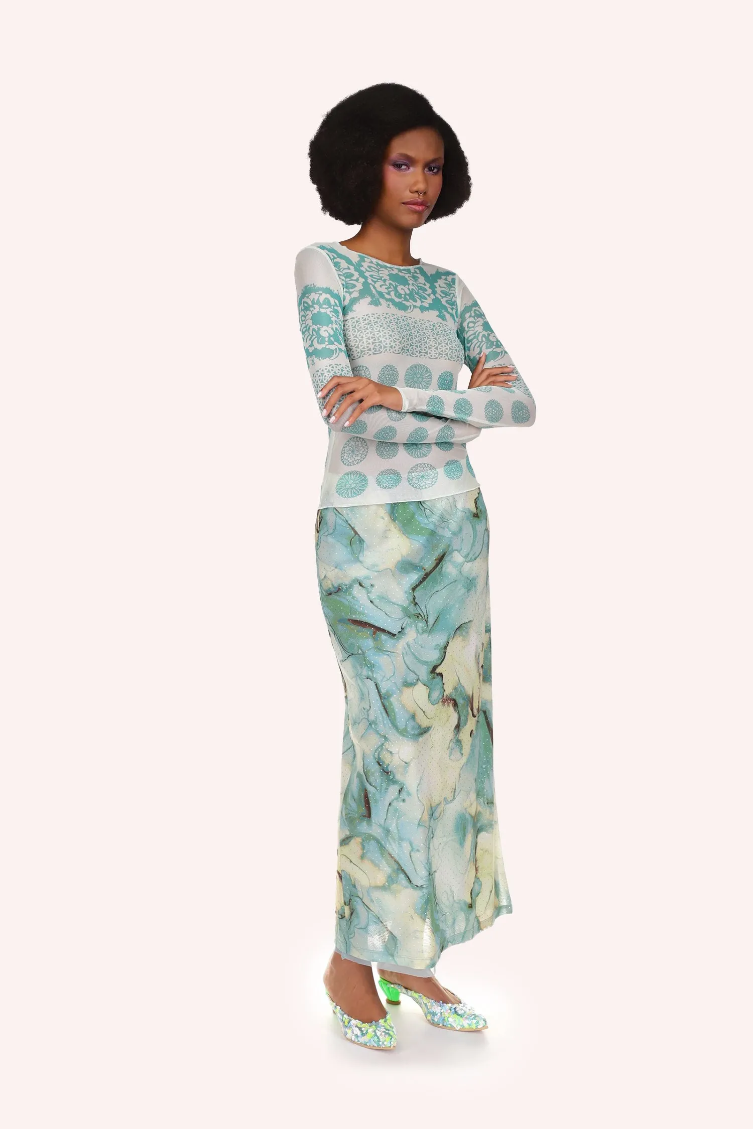 Printed Chrysanthemum Mesh Top