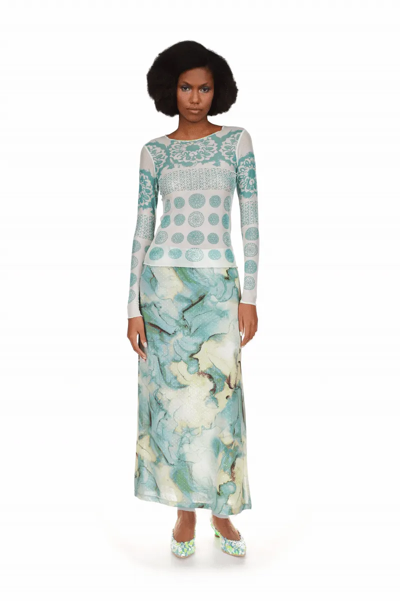 Printed Chrysanthemum Mesh Top