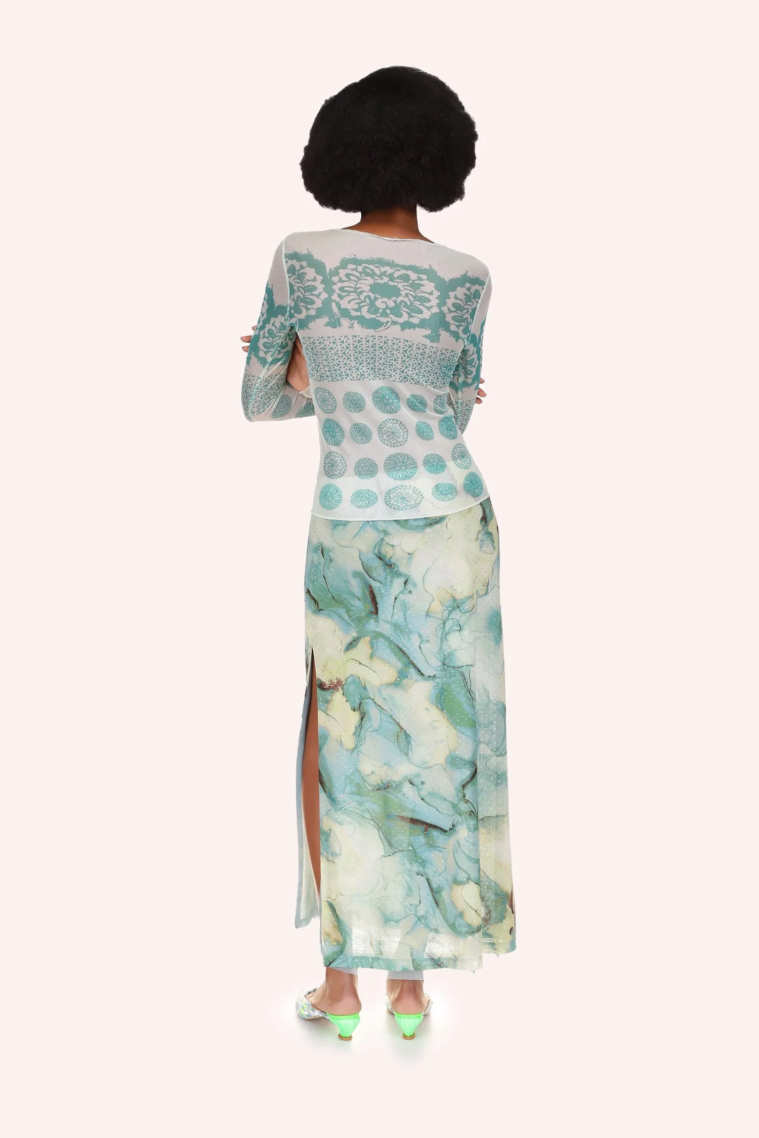 Printed Chrysanthemum Mesh Top