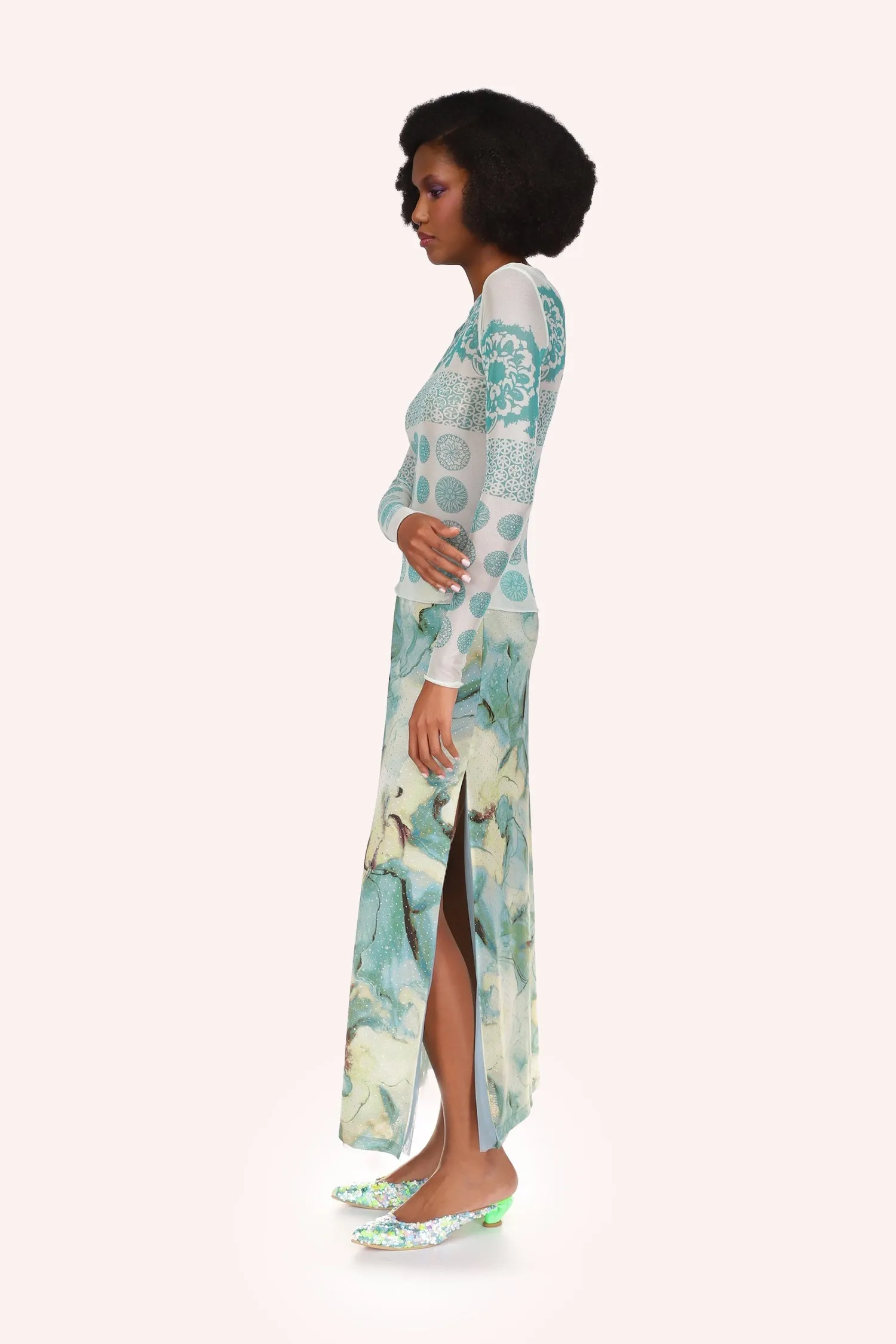 Printed Chrysanthemum Mesh Top