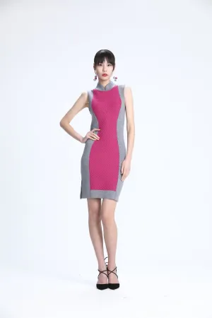 Sleeveless Knit Qipao with Fuchsia Zigzag Stitch at Central Panel