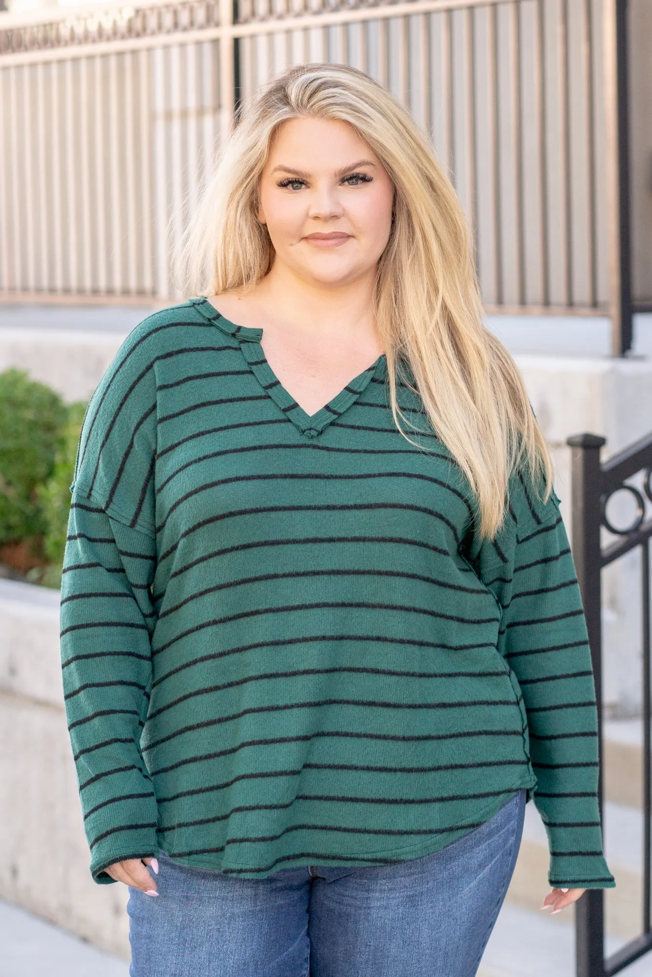 Striped Raw Edge Sweater - Hunter Green