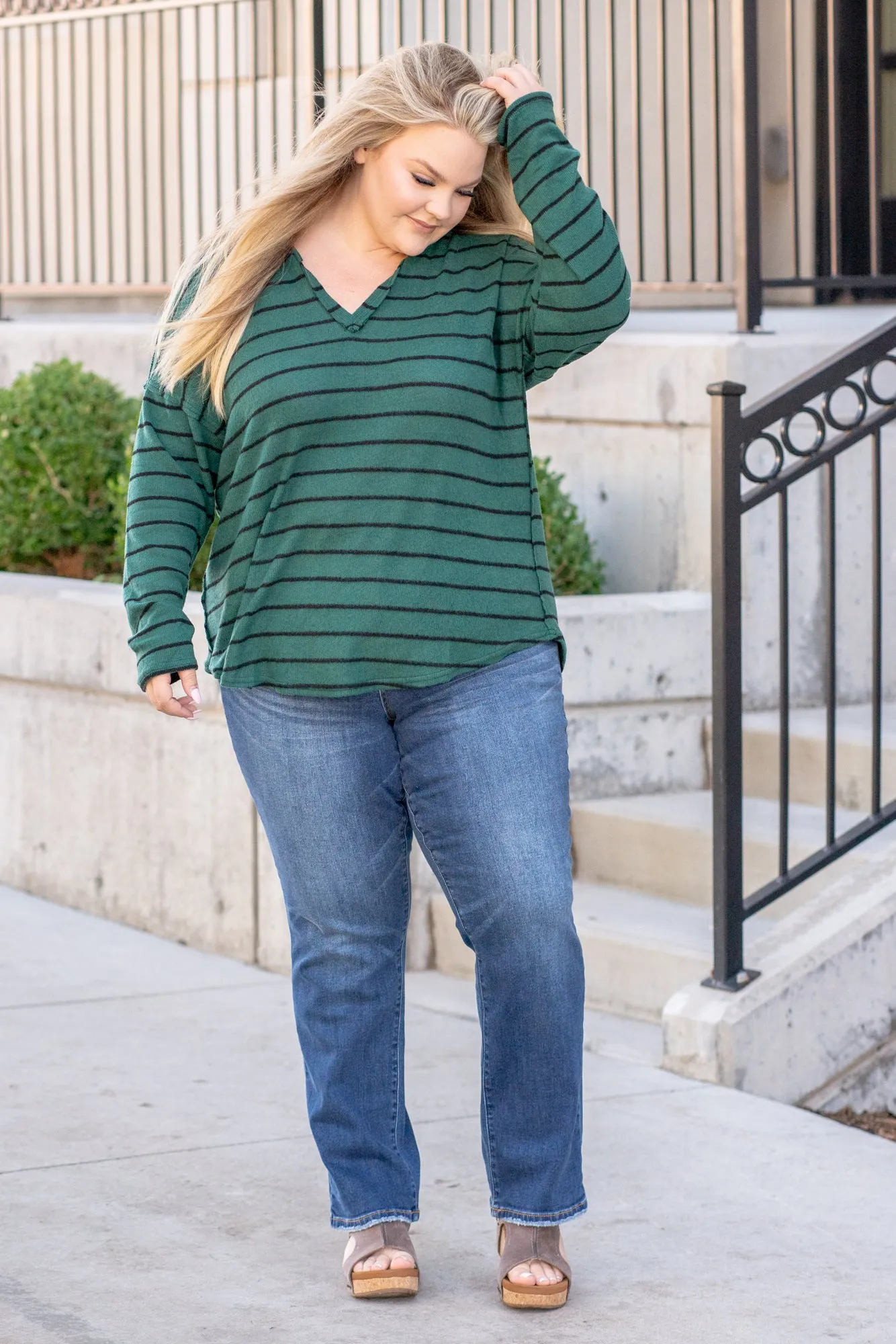 Striped Raw Edge Sweater - Hunter Green