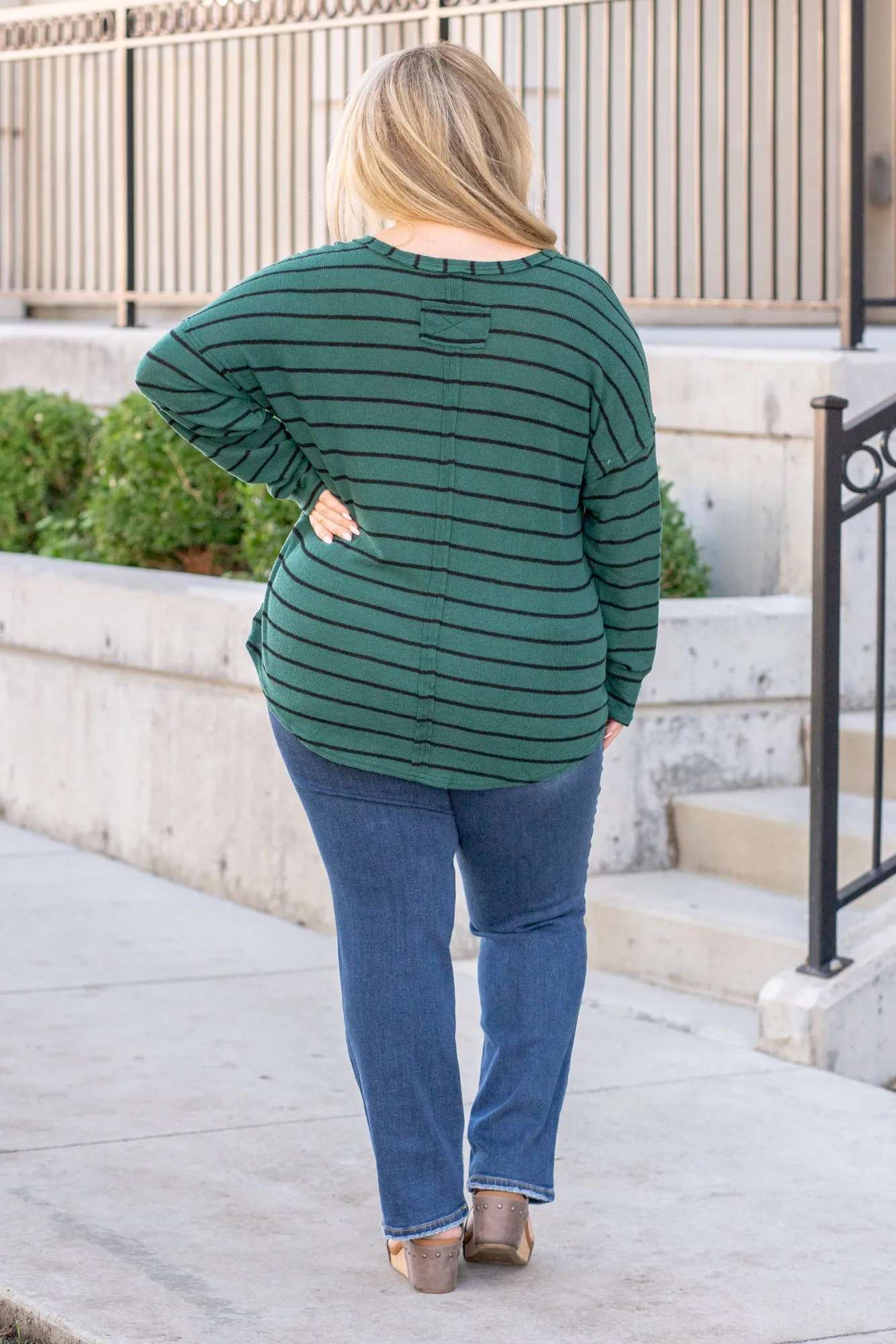 Striped Raw Edge Sweater - Hunter Green