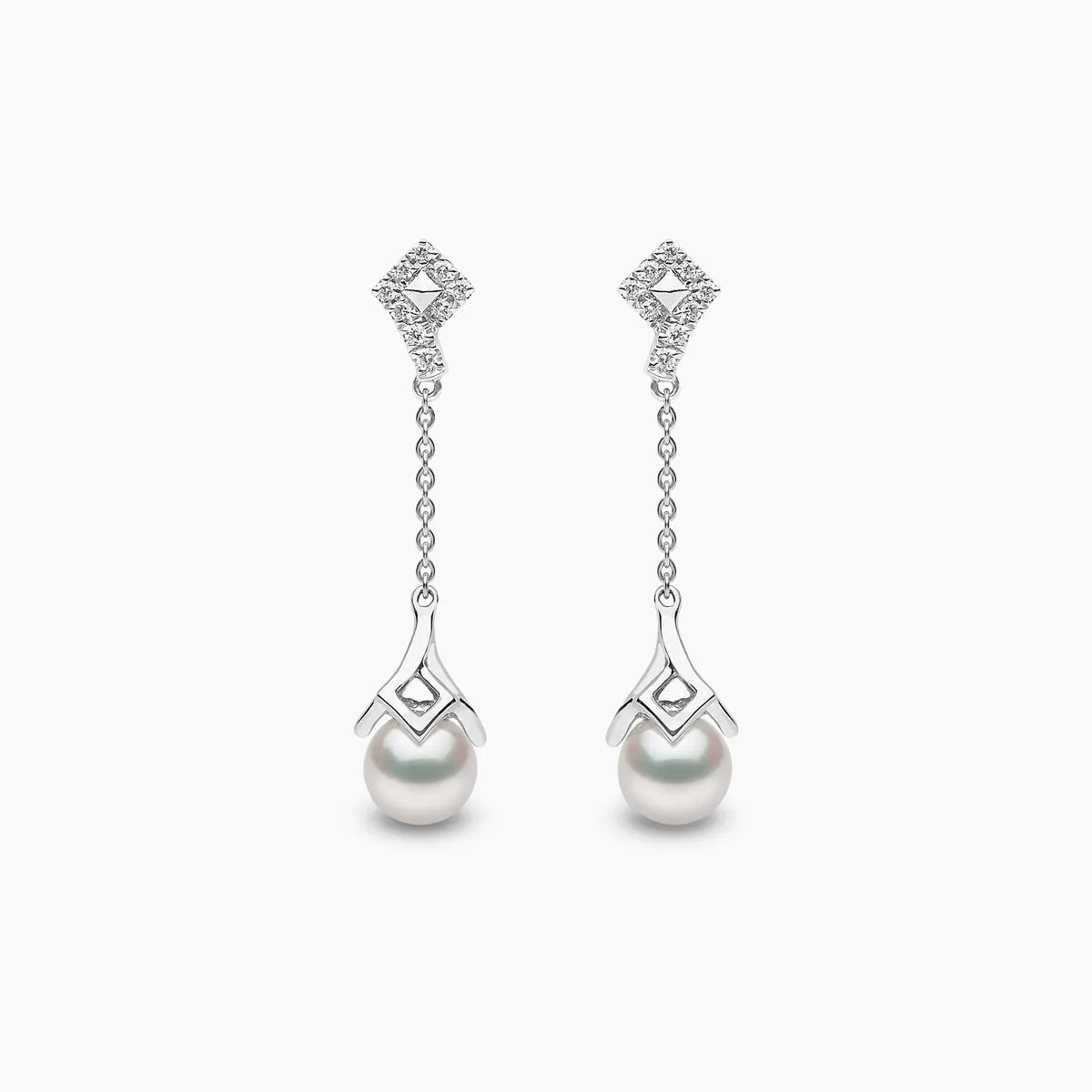 Trend 18K Gold Freshwater Pearl and Diamond Motif Chain Drop Earrings