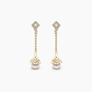 Trend 18K Gold Freshwater Pearl and Diamond Motif Chain Drop Earrings