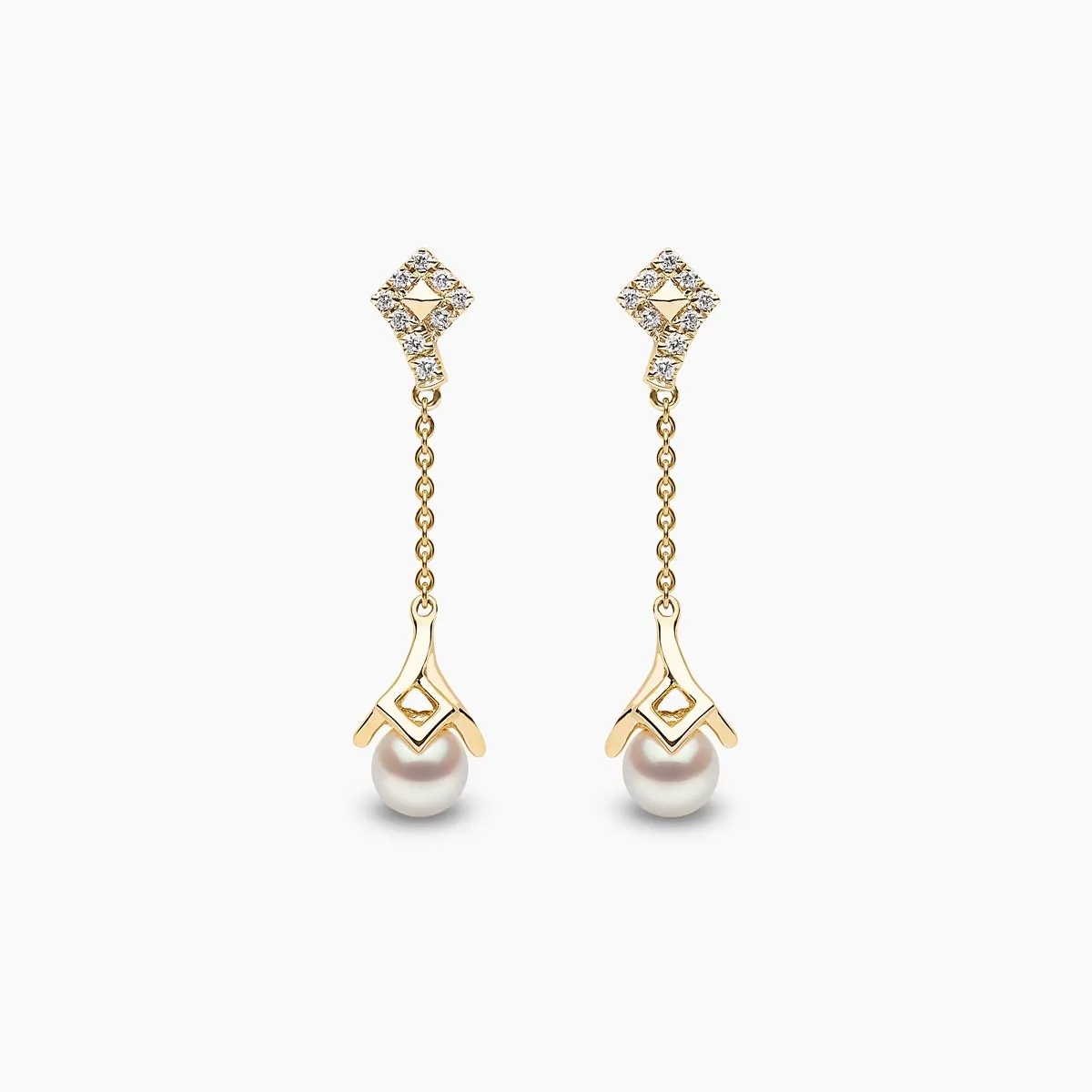 Trend 18K Gold Freshwater Pearl and Diamond Motif Chain Drop Earrings