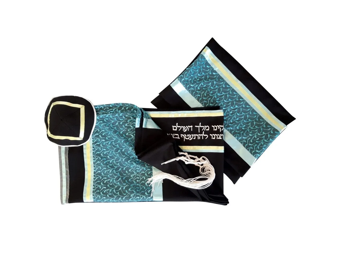 Vibrant Turquoise Leaves Black Tallit for Women, Bat Mitzvah Tallit