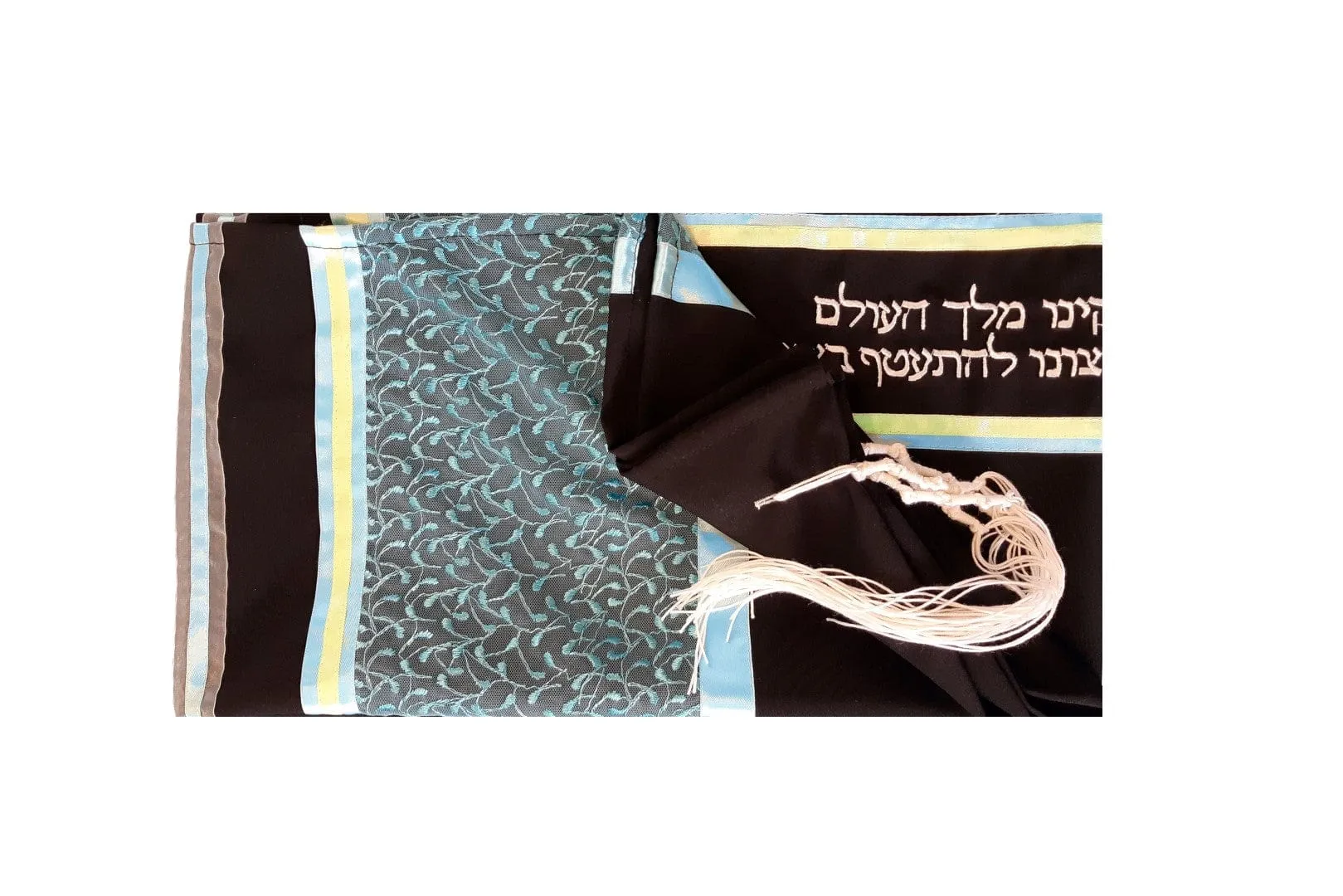 Vibrant Turquoise Leaves Black Tallit for Women, Bat Mitzvah Tallit