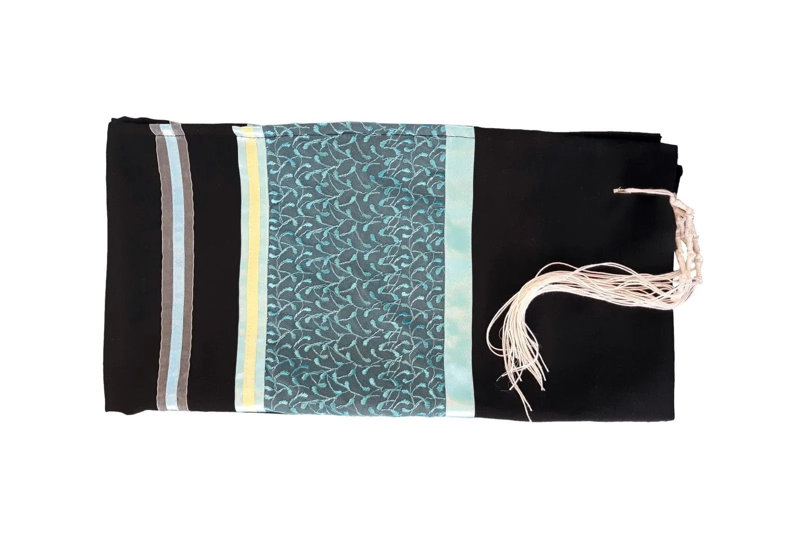 Vibrant Turquoise Leaves Black Tallit for Women, Bat Mitzvah Tallit