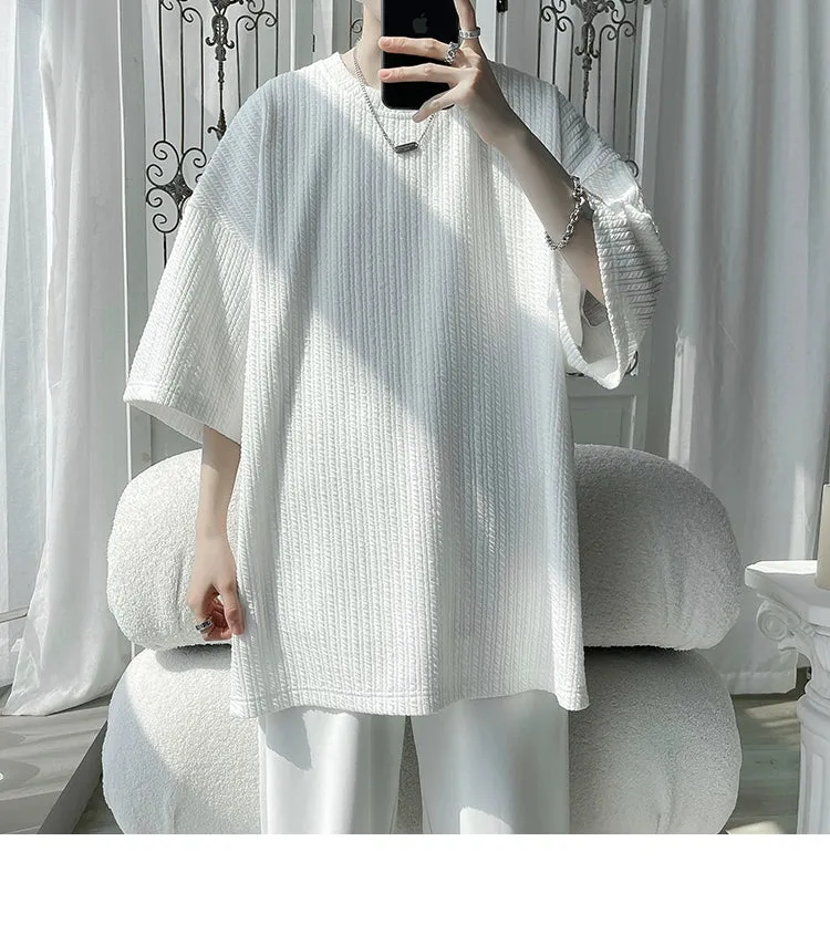 White Small Neckline T-shirt American Fashion Brand Fashion Short Sleeve Men's Half Sleeve Summer Large Size Loose Three-Quarter Length Sleeves T-shirt