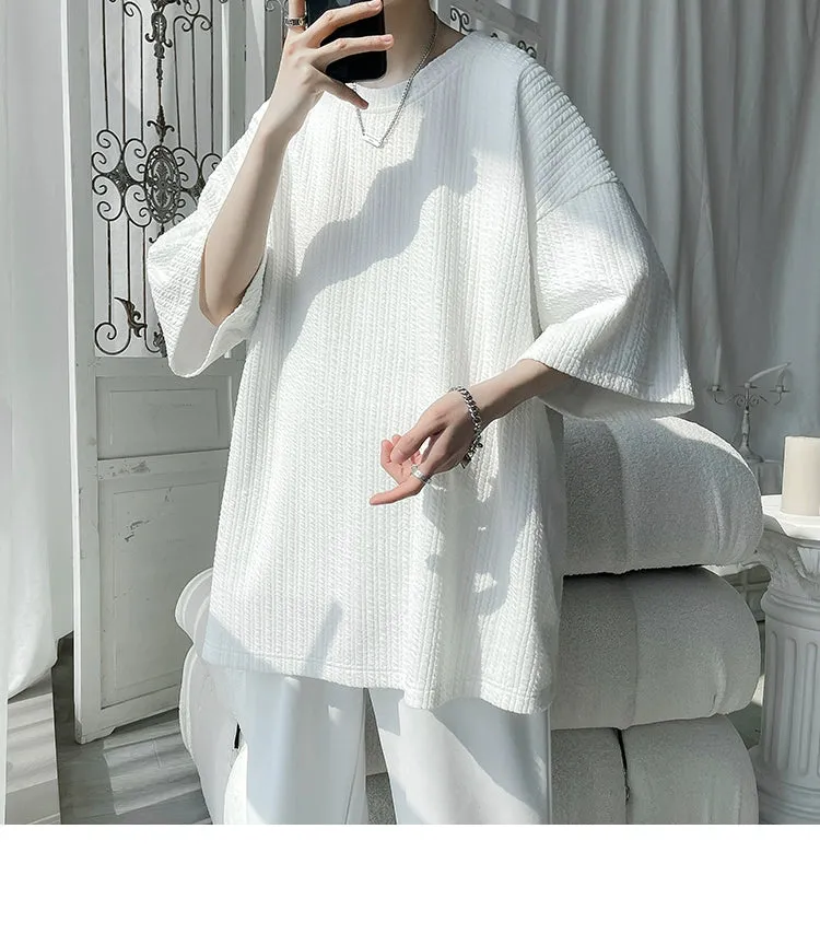 White Small Neckline T-shirt American Fashion Brand Fashion Short Sleeve Men's Half Sleeve Summer Large Size Loose Three-Quarter Length Sleeves T-shirt