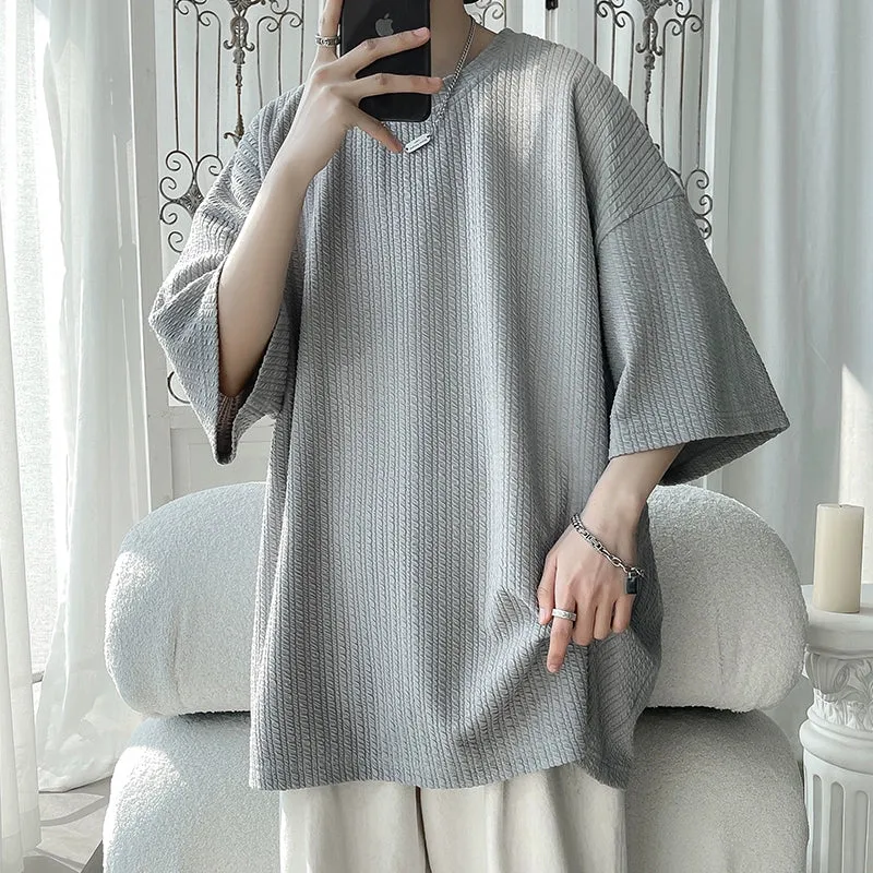 White Small Neckline T-shirt American Fashion Brand Fashion Short Sleeve Men's Half Sleeve Summer Large Size Loose Three-Quarter Length Sleeves T-shirt