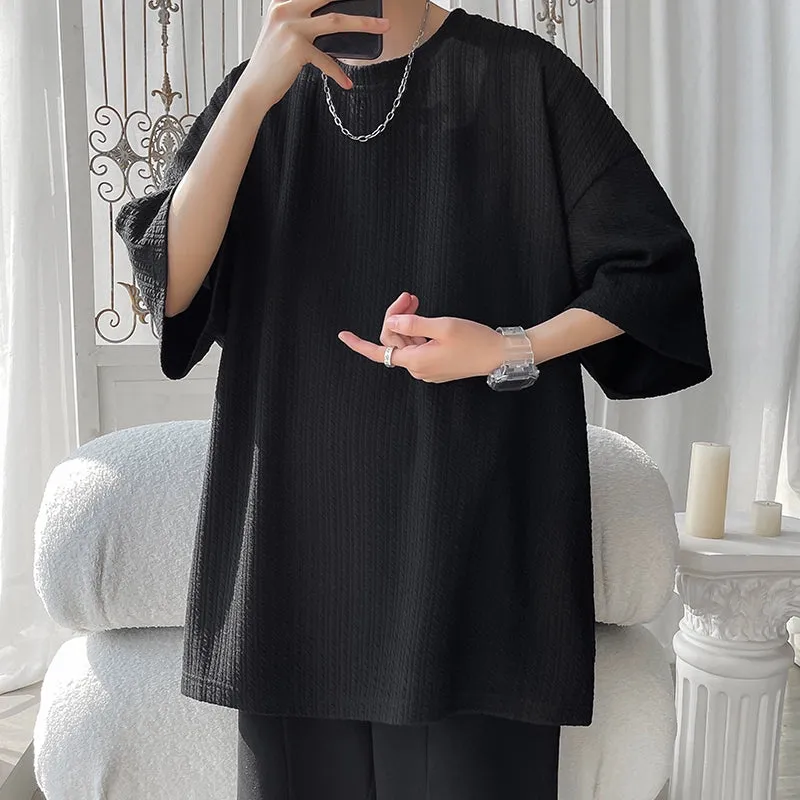 White Small Neckline T-shirt American Fashion Brand Fashion Short Sleeve Men's Half Sleeve Summer Large Size Loose Three-Quarter Length Sleeves T-shirt