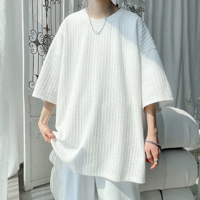White Small Neckline T-shirt American Fashion Brand Fashion Short Sleeve Men's Half Sleeve Summer Large Size Loose Three-Quarter Length Sleeves T-shirt