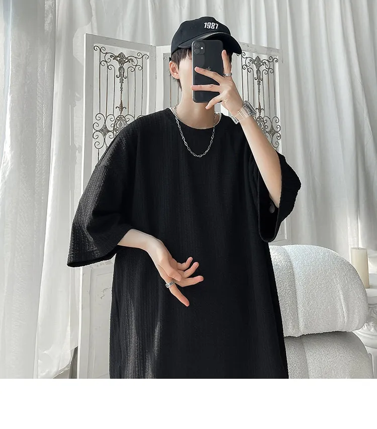White Small Neckline T-shirt American Fashion Brand Fashion Short Sleeve Men's Half Sleeve Summer Large Size Loose Three-Quarter Length Sleeves T-shirt