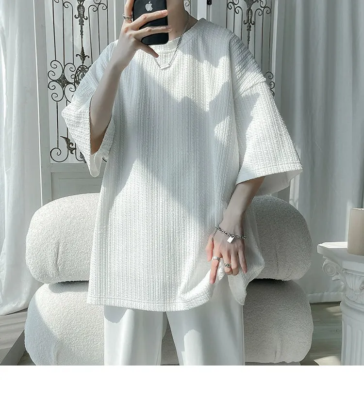 White Small Neckline T-shirt American Fashion Brand Fashion Short Sleeve Men's Half Sleeve Summer Large Size Loose Three-Quarter Length Sleeves T-shirt