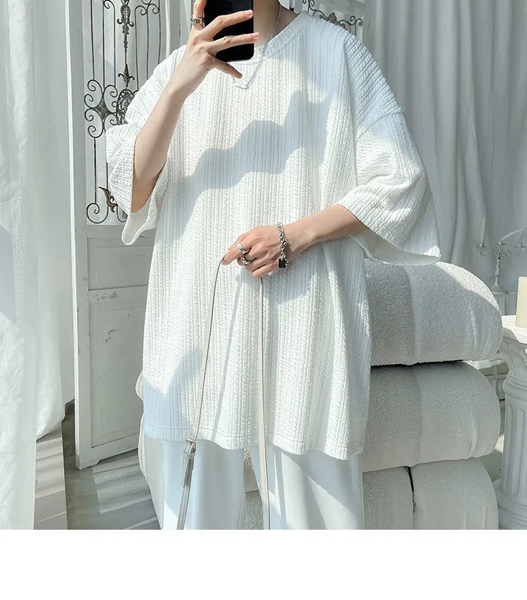 White Small Neckline T-shirt American Fashion Brand Fashion Short Sleeve Men's Half Sleeve Summer Large Size Loose Three-Quarter Length Sleeves T-shirt