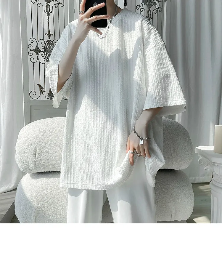 White Small Neckline T-shirt American Fashion Brand Fashion Short Sleeve Men's Half Sleeve Summer Large Size Loose Three-Quarter Length Sleeves T-shirt