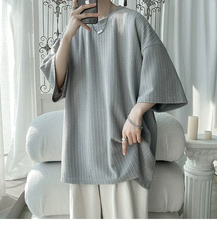 White Small Neckline T-shirt American Fashion Brand Fashion Short Sleeve Men's Half Sleeve Summer Large Size Loose Three-Quarter Length Sleeves T-shirt