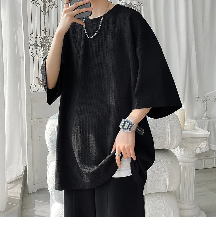 White Small Neckline T-shirt American Fashion Brand Fashion Short Sleeve Men's Half Sleeve Summer Large Size Loose Three-Quarter Length Sleeves T-shirt