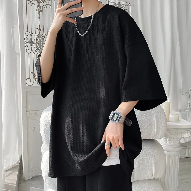 White Small Neckline T-shirt American Fashion Brand Fashion Short Sleeve Men's Half Sleeve Summer Large Size Loose Three-Quarter Length Sleeves T-shirt